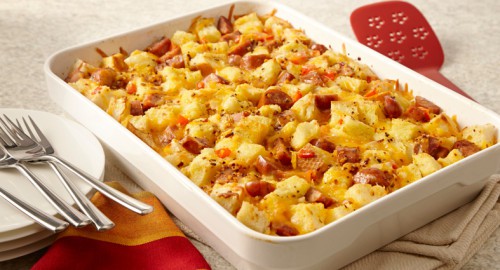 Csirkés baconös rakott burgonya, tejfölös-sajtos önt