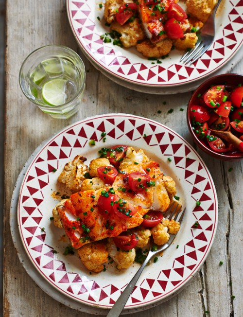 Spiced cod with roasted cauliflower and salsa