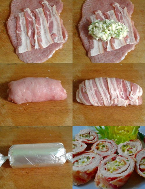Duplán baconös karajszeletek zöld fűszeres mackósajt